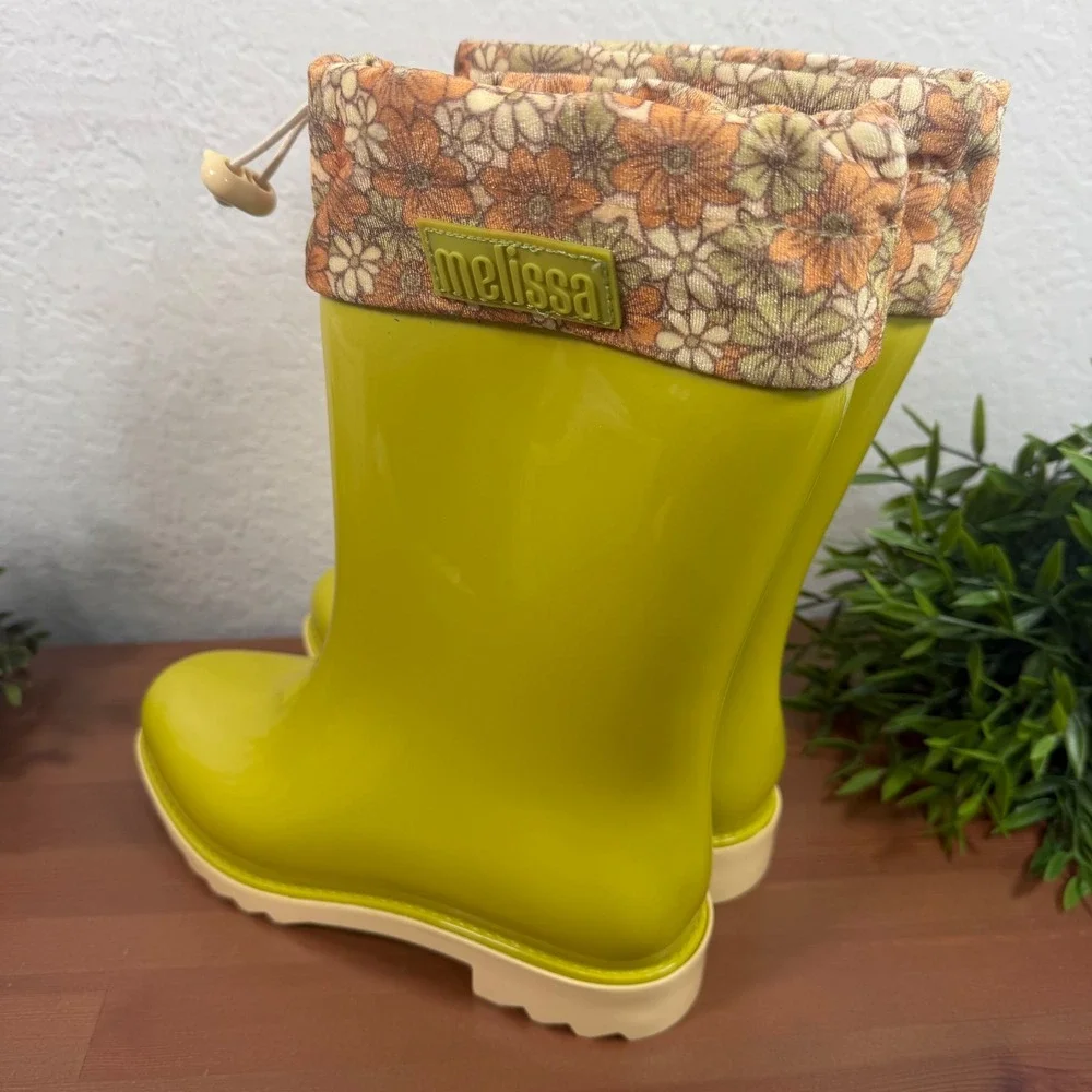 Mini Melissa Girls Rain Boot Green Yellow Floral Print Cuff Rain Boots Size 4